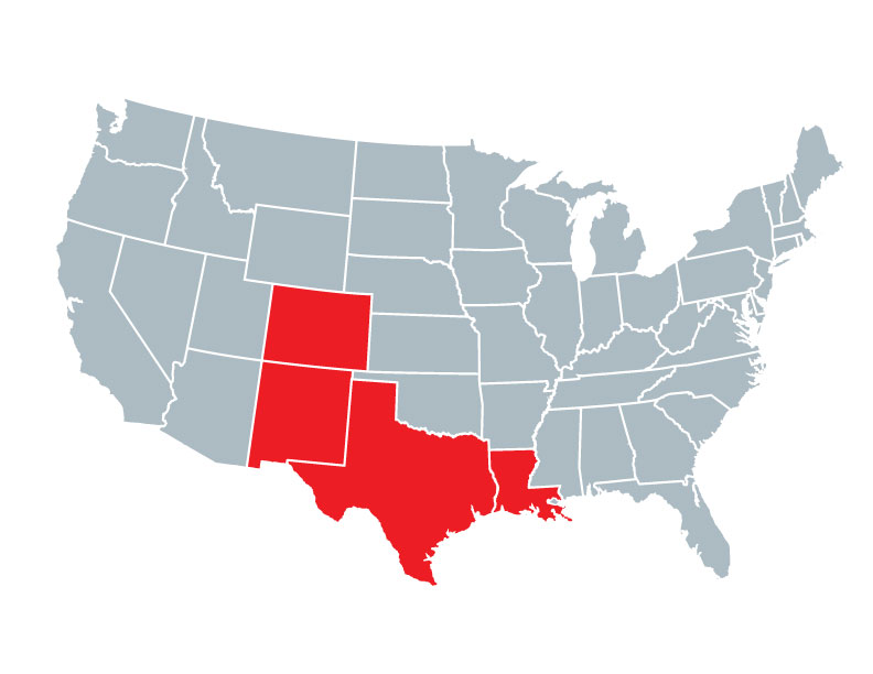 Map of CO, NM, LA and TX, where horses have botulism