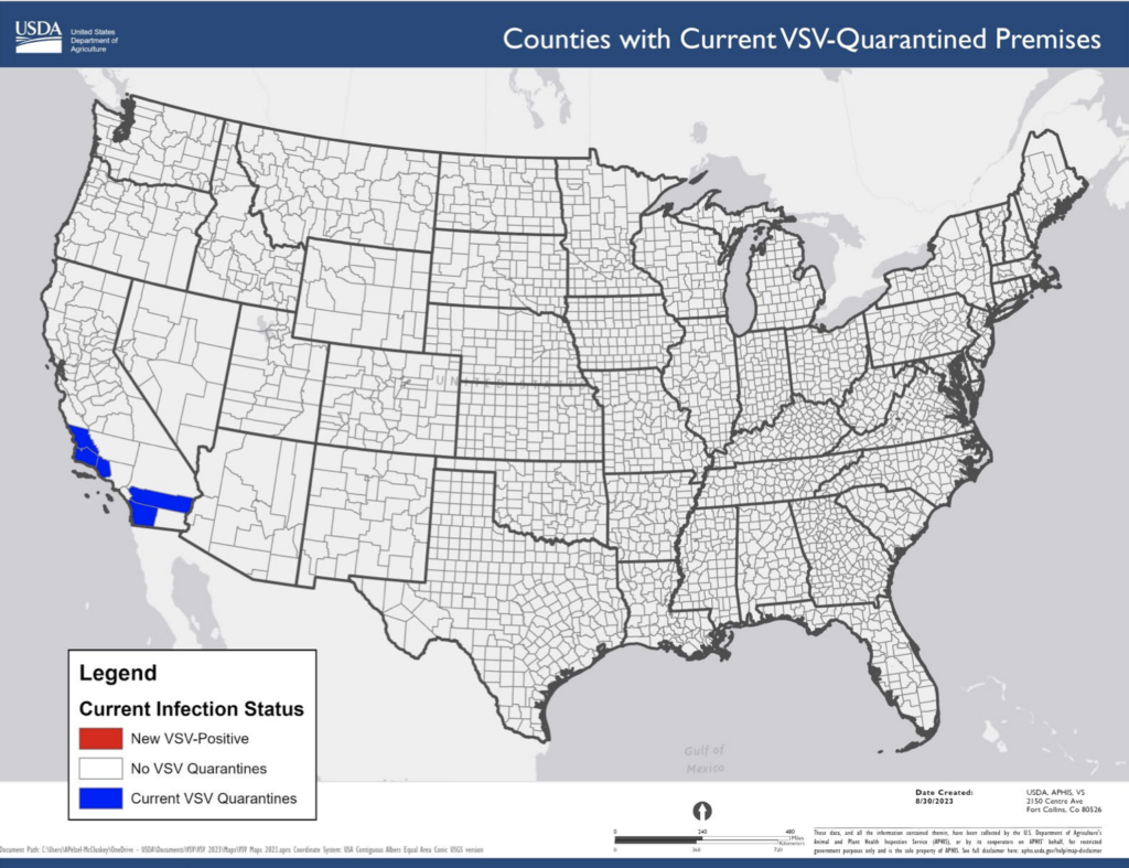 Four new premises in California are under quarantine due to suspected vesicular stomatitis (VSV) cases.
