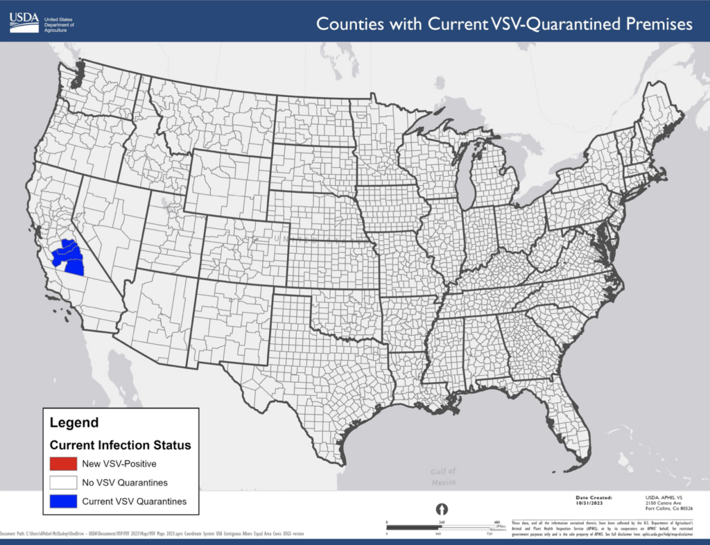 Fifteen new premises in California, located in Fresno, Madera and Mariposa counties, have confirmed or suspected VSV cases.