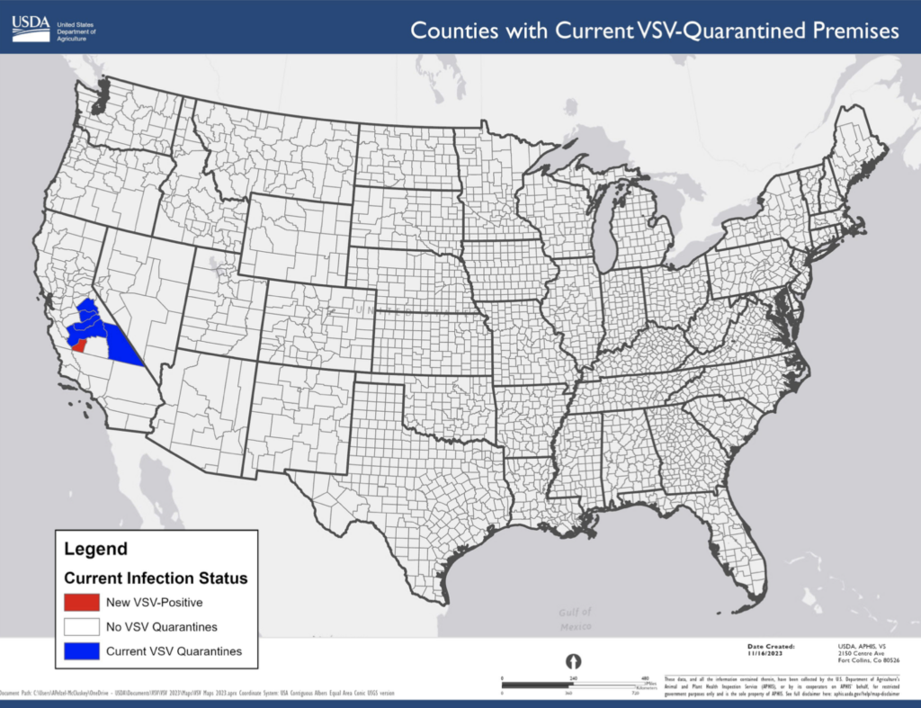 Eight new premises with confirmed or suspected VSV cases have been identified in California.