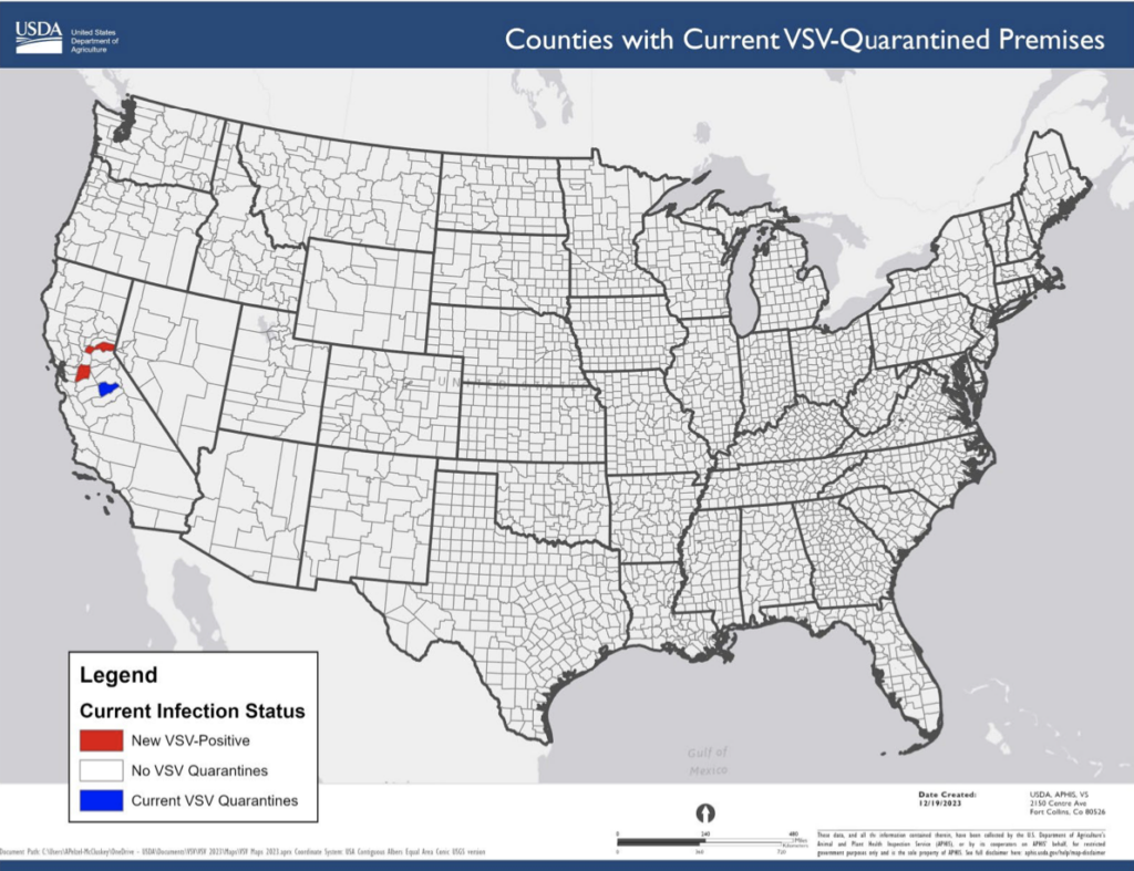 Two new premises in California have confirmed cases of vesicular stomatitis, and one new premises has suspected cases.