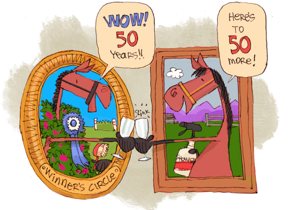 Cartoon horses toasting to 50 years